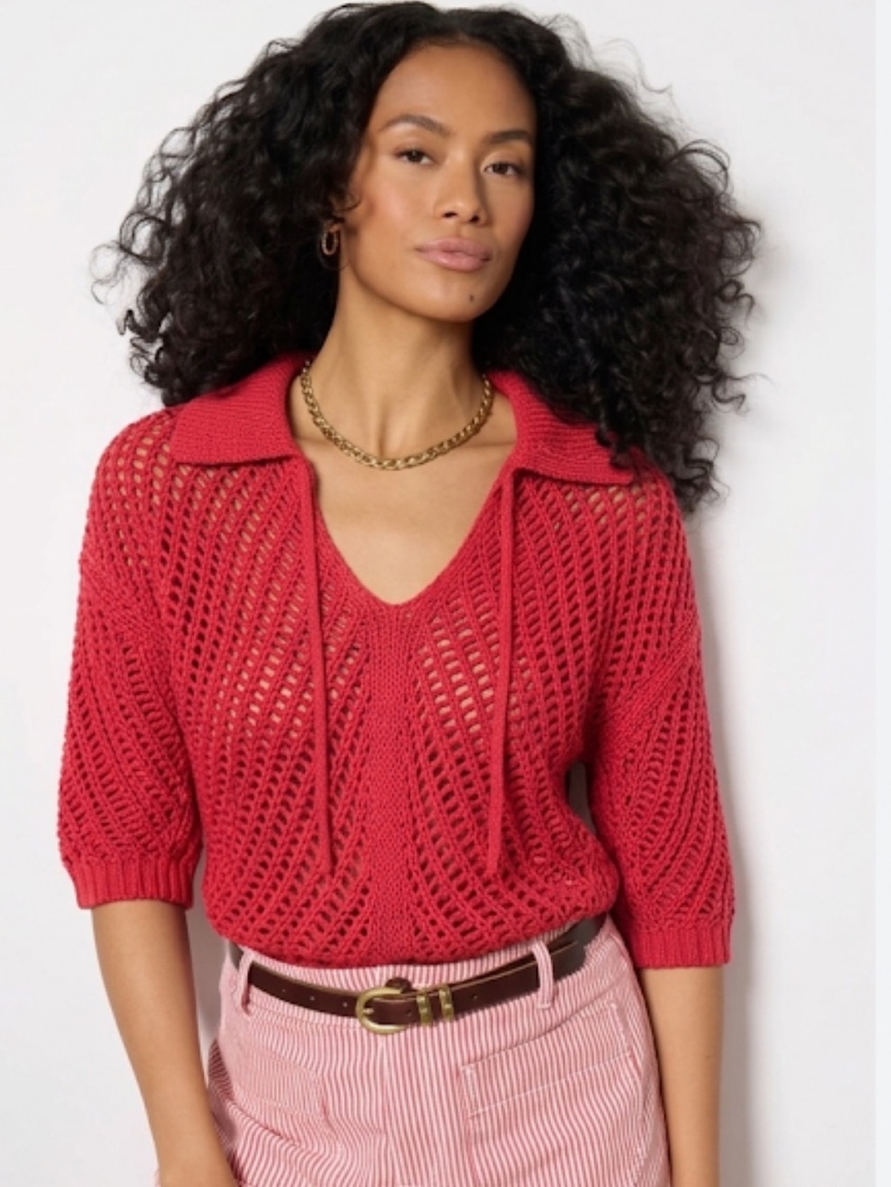 Talbots size M red Open-Knit V-Neck Polo Sweater